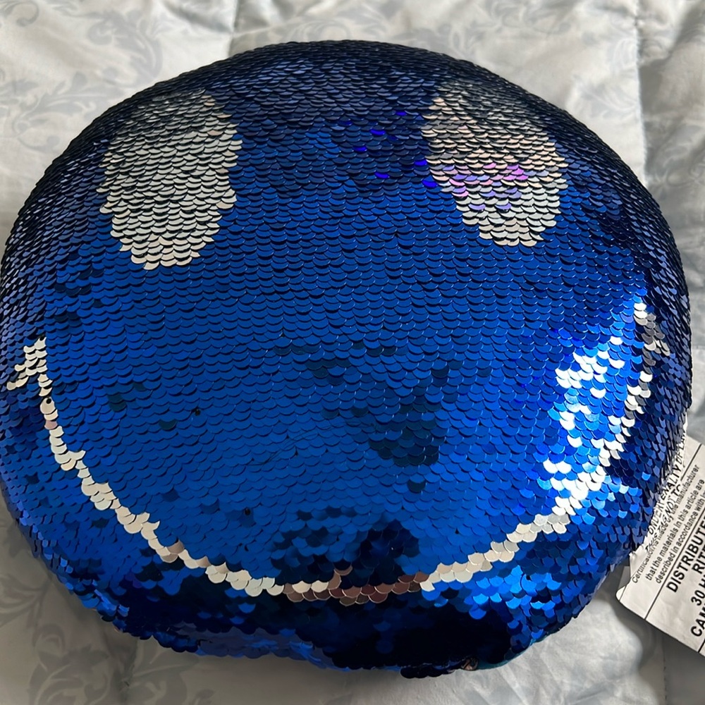 Blue and silver sequin smiley face plush/mini pillow